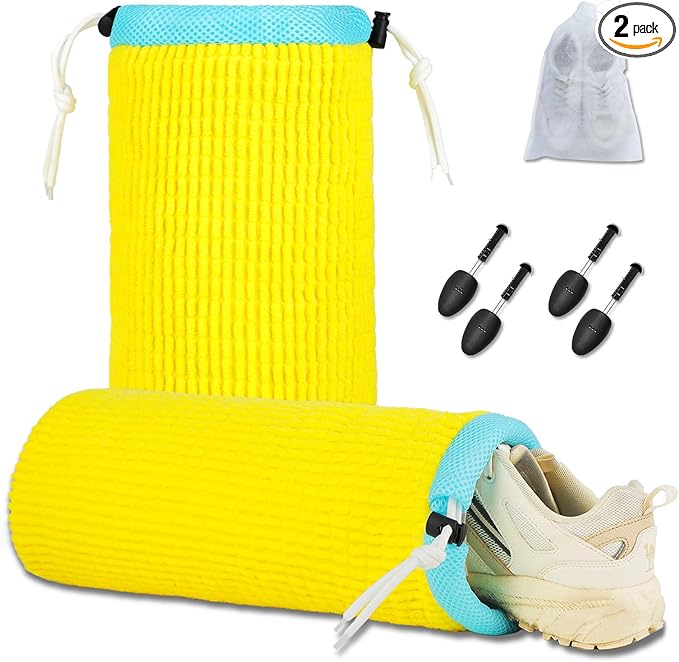 2Pcs Shoe Washing Machine Bag with Secure Drawstring Closure，Reusable，Cleaning Bag for All Shoe Types，Includes 2 Storage Dust Bags And 2 Adjustable Trees (Yellow)