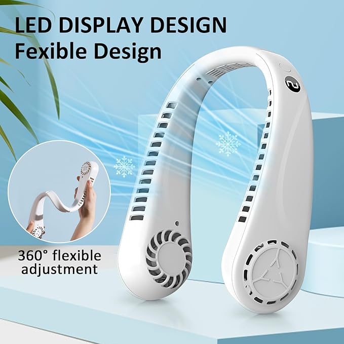 BIRDDIE Portable Bladeless Hanging Neck Fans with Screen Display and 5 Speeds Levels, USB Rechargeable, 360° Cooling Wearable Personal Fan for Work Travel Sport Outdoor (White)