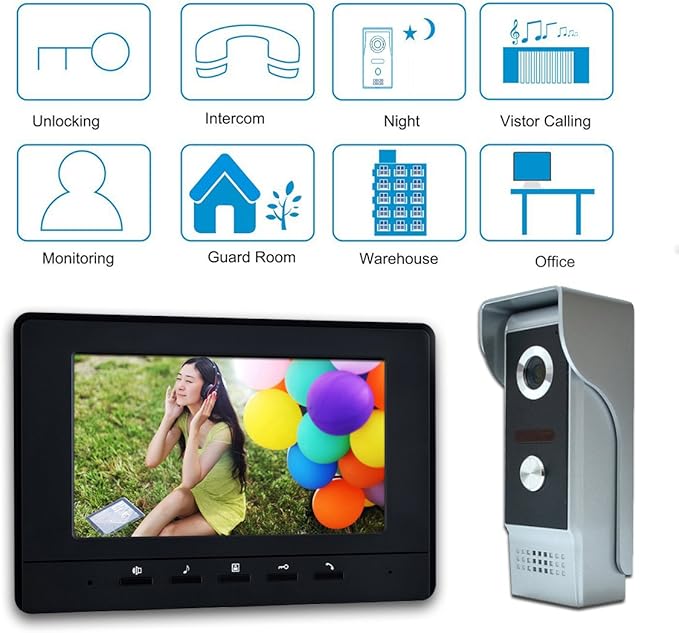 AMOCAM Wired Video Intercom System, 7 Inches Video Doorbell Door Phone System, HD Camera Kits Support Unlock, Monitoring, Dual-Way Intercom for Villa Home Office Apartment