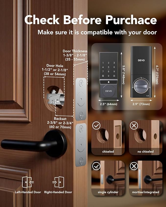 Devo G5 Smart Locks for Front Door, Keyless Entry Door Lock, Deadbolt Smart Lock, App Control, Built-in Wi-Fi, Touchscreen Keypad, 8 Months Battery, IP54 Waterproof, Auto Lock, Easy Installation