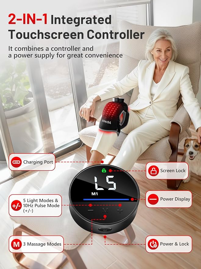 ROMISA Red Light Therapy Knee Brace with Heat & Massage, Cordless Rechargeable Controller, 20Min Auto Timer, 660nm & 850nm Near Infrared Light Therapy Device for Knee/Elbow/Shoulder, for Women Men.