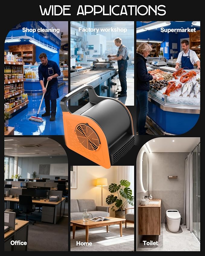 Puligoth Air Mover Blower Fan: High Velocity Floor Fans for Cooling and Drying, Carpet Dryer with Heater, Filter, UV Light, 3 Speeds, 185° Rotating for Industrial, Orange