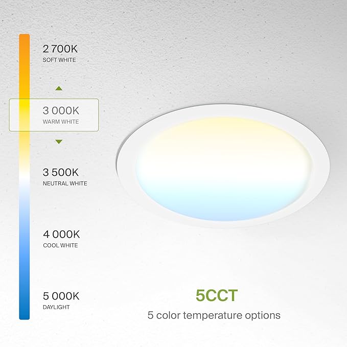 ASD 1 Pack 11/12 Inch LED Recessed Lighting 24W, 5 CCT 2700K-5000K CRI90+, IC Rated Ultra Thin Dimmable Ceiling Lights with J Box, Canless Wafer Downlight, Round Slim Panel Light, UL Listed, White