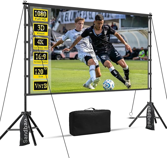 VntB 120 inch Projector Screen with Stand, Portable Outdoor Projection Screen Rear Front Movie Screen with Carry Bag Wrinkle-Free 16:9 4K Washable for Indoor Home Theater, Backyard Movie Night