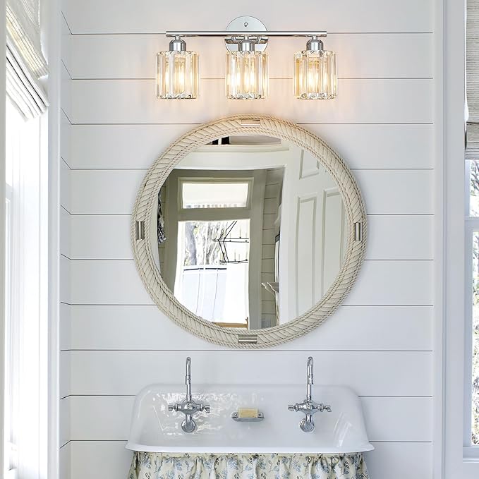 FDPBY Modern 3 Light Crystal Vanity Light, Chrome Vertical Bathroom Light Fixture Over Mirror for Dressing Table Sink, Compatible with Dimmable Bulbs (Bulbs Not Included)