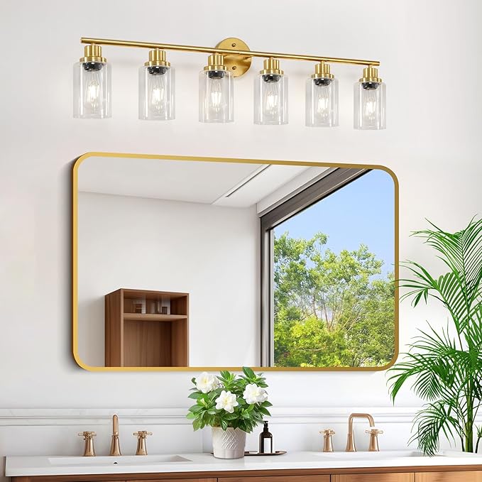 Guliaofo 6-Light E26 Gold Bathroom Vanity Lights, Modern Bathroom Light Fixtures with Clear Glass Shade, Wall Lamps for Mirror Hallway Kitchen Cabinet Living Room Sconces Lights