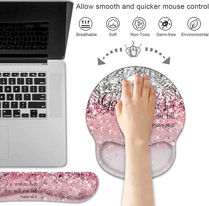 Keyboard Wrist Rest and Mouse Pad Wrist Support Set with Coasters, Non-Slip PU Base Ergonomic Gaming Mousepad for Home Office Working Studying Easy Typing & Pain Relief, Quote Bible Verses Psalm 46:5