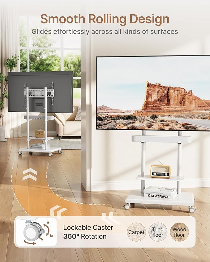 ECOTINY Steel Base Rolling TV Stand with Soundbar Mount for 37-75 inch TVs up to 154lbs, Swivel&Tilt Mobile TV Stand with Large Storage, Height Adjustable Heavy-Duty TV Cart, Max VESA 600x400mm, White