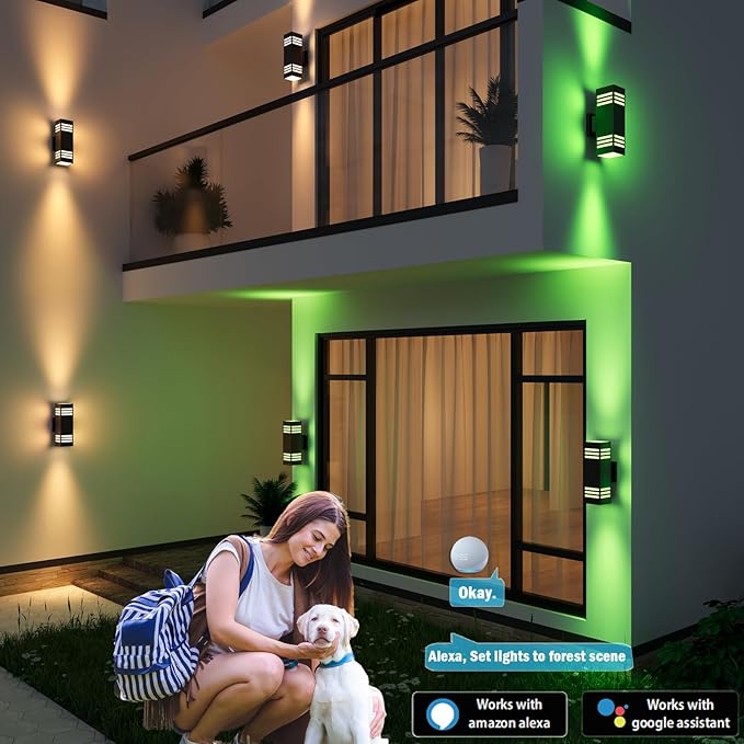 rosykite Smart Outdoor Sconce Lights 2 Pack, Up Down Wall Porch Lights RGB Color Changing WiFi APP Control, Dimmable LED Exterior Wall Lighting Fixtures Work with Alexa,No Hub Required,ETL Listed