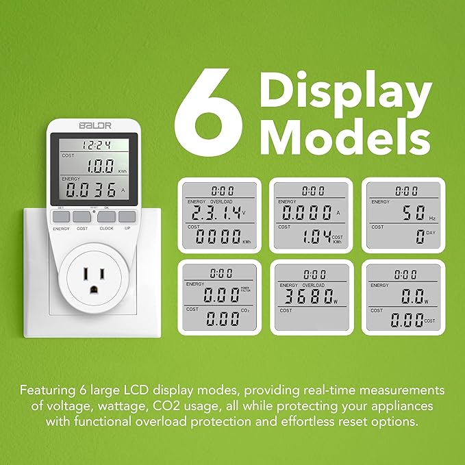BALDR U.S. Electricity Usage Monitor for Home - Kilowatt Meter Sockets - Wattage Meter Plug In Appliances to Measure Energy Usage - Home Energy Monitor with Easy to Read Display - Home Power Monitor