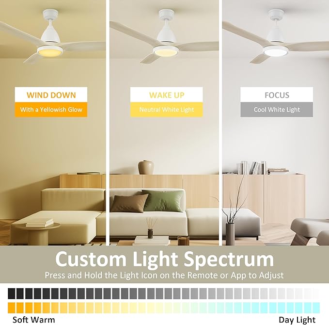 SMAAIR 52 inch Ceiling Fans with Lights and Remote, Solid Wood 6-inch Downrod Mounted, Dimmable LED Light Tri-Color Temperature, DC Reversible Motor, App Control and Voice Control (52inch, White)