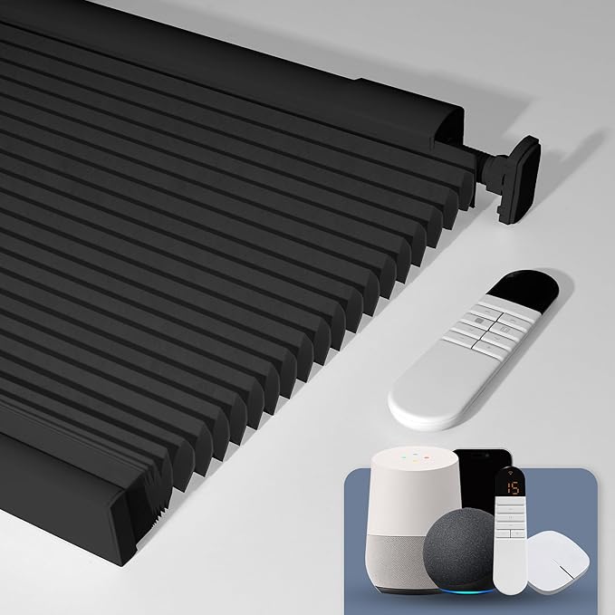 Boolegon No Drill Motorized Cellular Blinds with Remote Motorized Blackout Honeycomb Blinds for Indoor Windows Easy to Install Automatic Cellular Shades for Home,Light Filtering Black,Custom Size