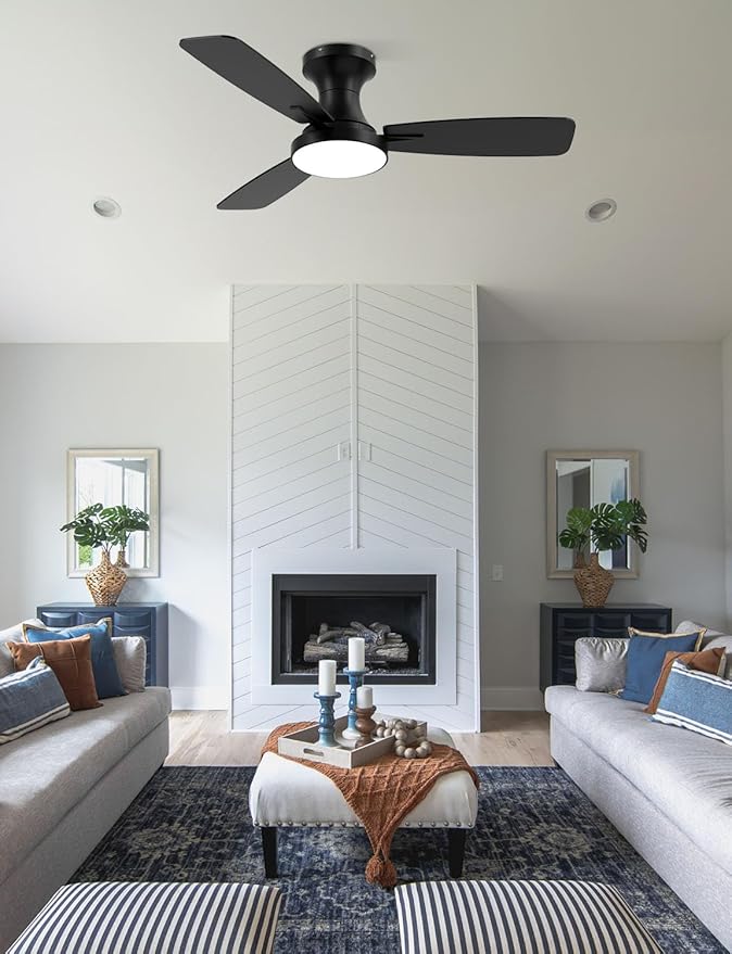 Homlit 42 inch Smart Ceiling Fan with Light, Low Profile Flush Mount with Remote Control, Ultra-Quiet Reversible DC Motor, 3 Color Temperatures & 6 Speed Dimmable Lighting for Bedroom, Black