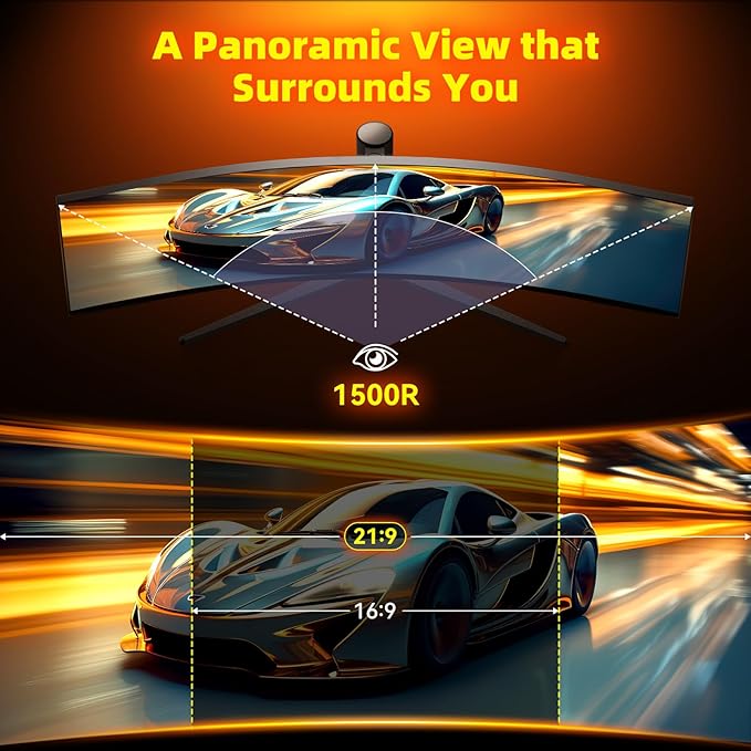 MNNM 34 Inch Ultrawide Gaming Monitor - 21:9 WQHD 3440 x 1440 R1500 Curved Computer Monitor for Gamer, 180Hz 1ms AMD FreeSync PIP/PBP Crosshair TÜV Eye Care, HDMI 2.0 & DP1.4, Tilt/Height/Swivel Stand