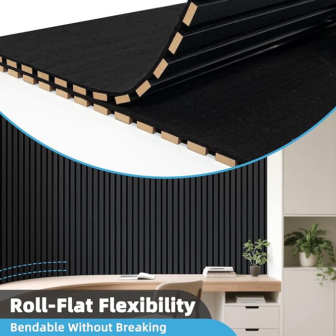 Art3d 2-Pack Acoustic Wood Slat Wall Panel with Roll-Flat Design - 95.3 x 23.8 Inch Sound Absorbing Panels for Living Room Columns Corridor Curved Wall Decor, Blackwood