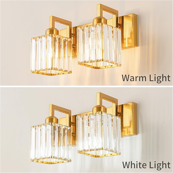 FDPBY Modern Bathroom Vanity Light 2-Lights Gold Crystal Wall Lamp Bathroom Modern Crystal Vanity Lighting