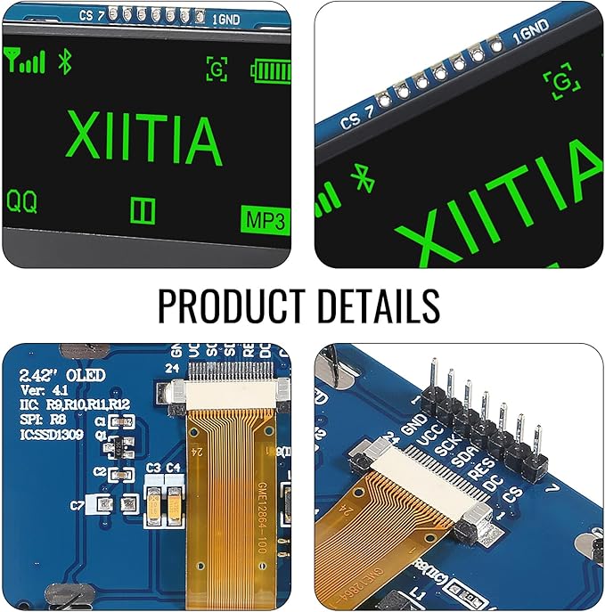 XIITIA 2pcs 2.42 inch 128x64 OLED LCD Display Module SSD1309 7 Pin SPI/IIC I2C Serial Interface for Arduino UNO R3 (Green Light)