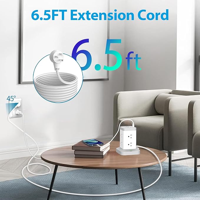 BEVA Surge Protector Tower with 8 AC & 4 USB(USB-C) Ports, 6.5 FT Extension Cord - Charging Station for Office & Dorm Room