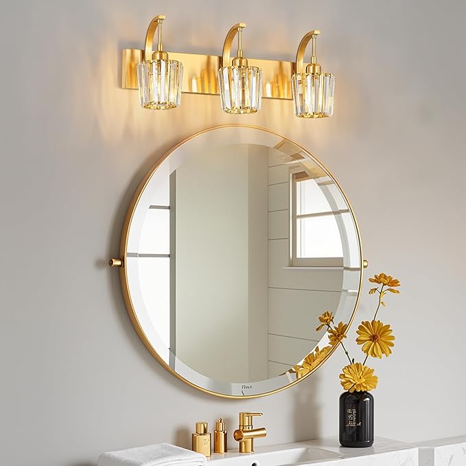 FDPBY Modern Bathroom Vanity Light, 3-Light Gold Wall Sconce with Crystal Accents, Over Mirror Bathroom Lighting Fixture, 23.62" Long Dimmable Vanity Lamp for Makeup, Easy Installation