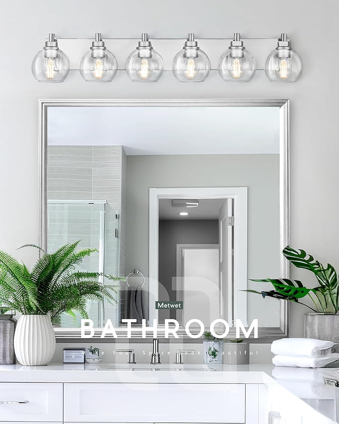 METWET Bathroom Light Fixtures, 6 Light Brushed Nickel Vanity Light, 38 Inch Modern Wall Sconces with Globe Clear Glass Shade, Vanity Lighting Fixtures Over Mirror, VL195-BN-6