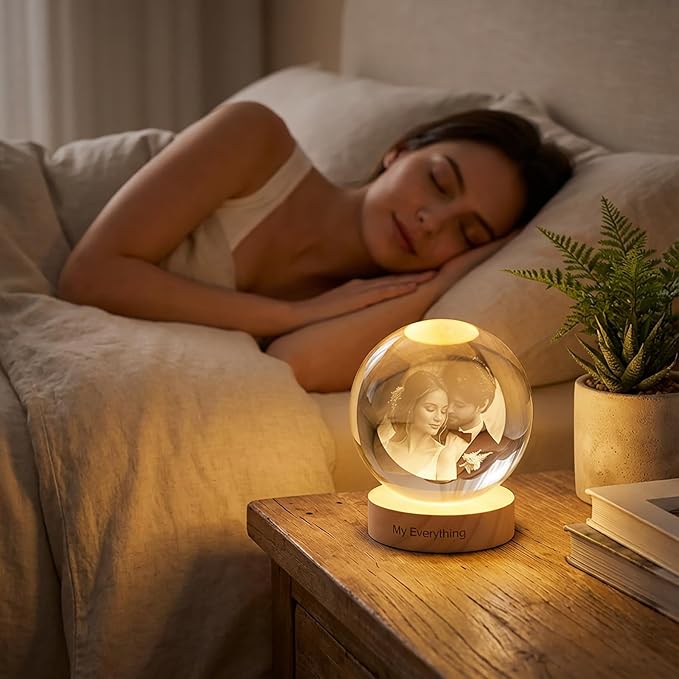 Yijhpbc Custom 3D Crystal Photo Night Light Personalized Photo Crystal Ball Engraved Picture Lamp with Wood Base Memorial Gift for Pets Family Couple Birthday Valentine's Day (Style 3)