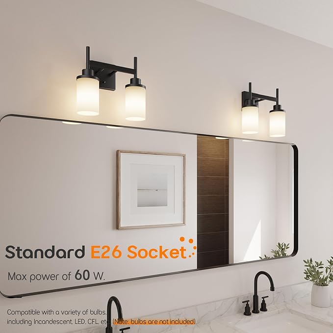 AONEON Wall Light Fixtures Matte Black Bathroom Vanity Lights Over Mirror with White Frosted Glass, Double Wall Lamps for Hallway Washroom Porch T001MB-L2