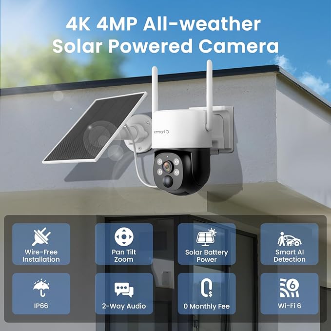 xmartO Solar/Battery-Powered Wire-Free PTZ Home Security Camera Wireless Outdoor/Indoor CCTV Surveillance (Non-Stop Solar Power, Rechargeable Battery, Floodlights, SD/NVR/Cloud)