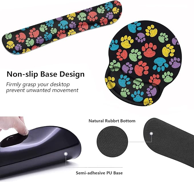 Keyboard Wrist Rest and Mouse Pad Wrist Support Set with Coasters, Non-Slip PU Base Ergonomic Gaming Mousepad for Home Office Working Studying Easy Typing & Pain Relief, Colorful Dog Paw Print