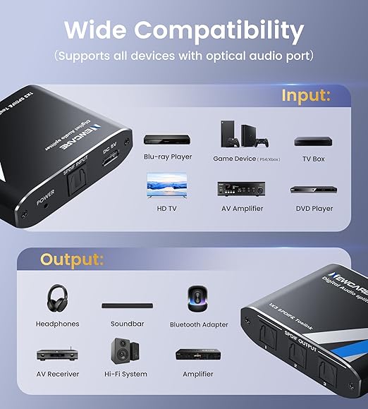 NEWCARE Optical Audio Splitter 1 in 3 Out,SPDIF Toslink Digital Optical Audio Cable Splitter 1x3 Support LPCM2.0 Doldy Digital & DTS 5.1 for Xbox,PS4,DVD,TV Box,Home Theatre, Receiver,Sound Bar