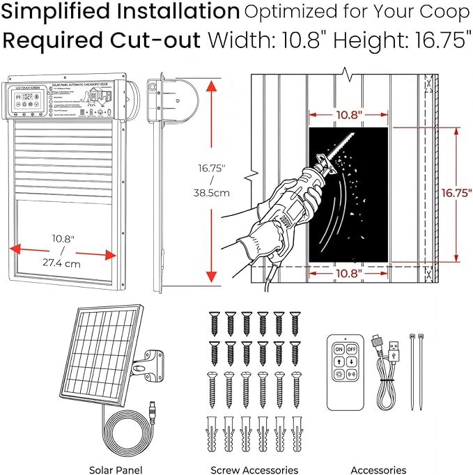 XRDZYXGS Automatic Chicken Coop Door Opener, Space-Saving Roll-up Design, 11.8" x 18.9" Aluminum Alloy Poultry Door for Ducks Geese, Solar Panel with Built-in 6000mAh Battery, Support USB-A Power
