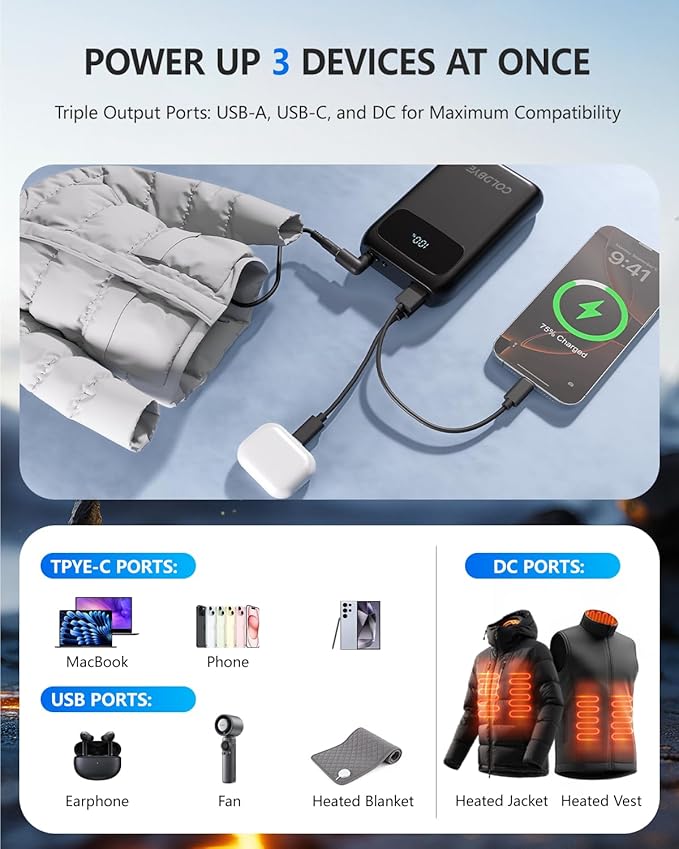 ColdBye Heated Vest Battery Pack 𝟕.𝟒𝐕 5𝐀 𝟐𝟎𝟎𝟎𝟎𝐦𝐀𝐡, Type-C and USB 5V Output, PD 30W Fast-Charging with 7.4V Tri-Size DC Built-in Ports (3.5 mm / 3.8 mm / 4.0 mm) for Heated Jacket