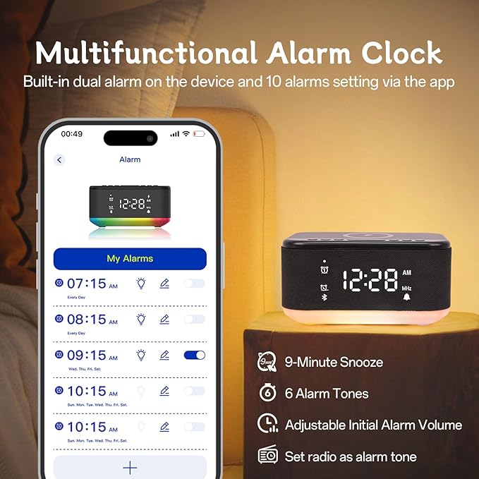Bluetooth Alarm Clock Radio Bedroom, Digital Dual Alarm Clock Bedroom, Up to 10 Alarms Clock Night Light Speaker App/Button Control FM Charge Snooze Adjustable Brightness Dim 12/24H, Matte Black