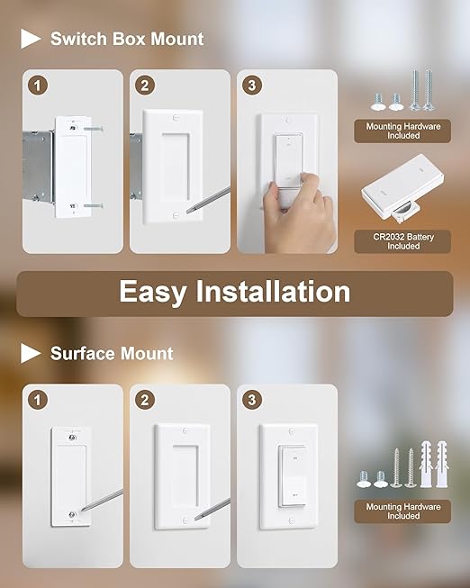 TREEWELL 3 Way Wireless Light Switch and Receiver Kit, Decorator Rocker Wall Switch, 200FT RF Range, No in-Wall Wiring Required, Programmable & Expandable for Ceiling Light, Fans, Lamps
