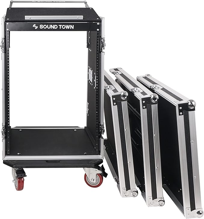 Sound Town Heavy-Duty 1/2" (12mm) Plywood 16U PA/DJ Rack/Road Case with 11U Slant Mixer Top, 20’’ Rackable Depth, DJ Work Table and Casters, 16-Space Size, Pro Tour Grade (STMR-16UWT)