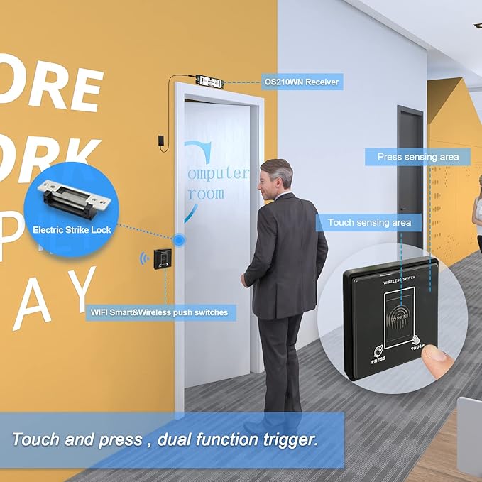 WiFi Access Control 400lb Holding Force Electic Magnetic Door Lock System Kit with Remote and Smartphone app Control, paired with Wireless Push Panel Switch (Electric Strike Lock kit)