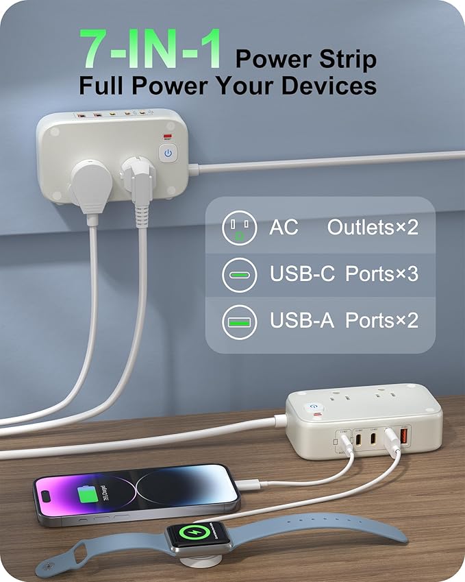 KWRNVO 5FT Portable USB C Power Strip Surge Protector PD 20W Flat Wall Plug Charger Multipl Outlets with 2500W AC Outlets, 3 USB-C Ports, 2 USB-A Ports for Home/Office/Travel