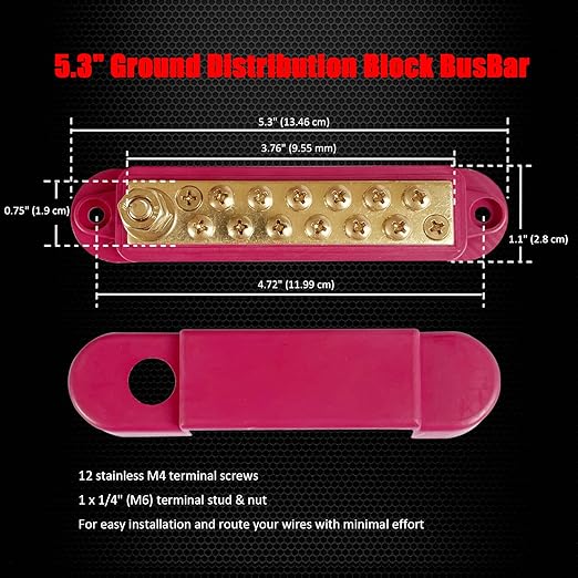 1/4" Stud Power Distribution Block Bus Bar with 12 x #8 Screws, Ampper 5.3" 12V 150A Marine BusBar Brass Battery Distribution Block W/Cover for Car Boat Solar (Red)