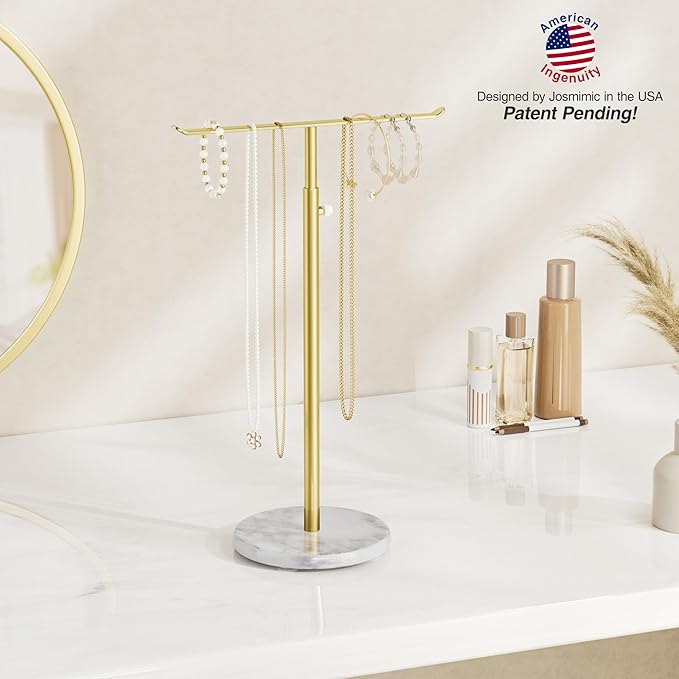 Josmimic Gold Necklace Holder Jewelry Organizer Stand – Adjustable Height T‑Bar Jewelry Display with White Marble Base, Necklace & Bracelet Holder, Countertop Jewelry Stand