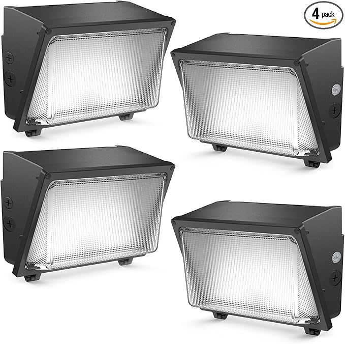 HYPERLITE LED Wall Pack Light: 120W Glass Lens LED Wall Packs Outside Lighting - 18000lm Flood Lights Outdoor with photocell 4 Packs for Area Parking Lot Driveway UL Listed