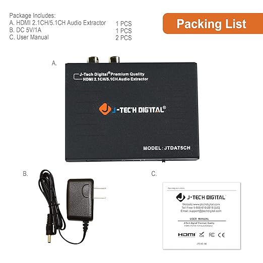J-Tech Digital Premium Quality 1080P HDMI To HDMI + Audio (SPDIF + RCA Stereo) Audio Extractor Converter (JTDAT5CH)