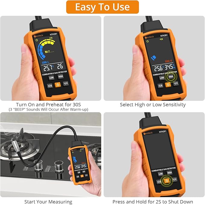 Neoteck Natural Gas Detector Gas Leak Detector with 12” Gooseneck Combustible Gas Detector with Audible & Visual Alarm Test Methane Propane Gasoline Natural Gas for Gas Pipeline Gas Stove and RV