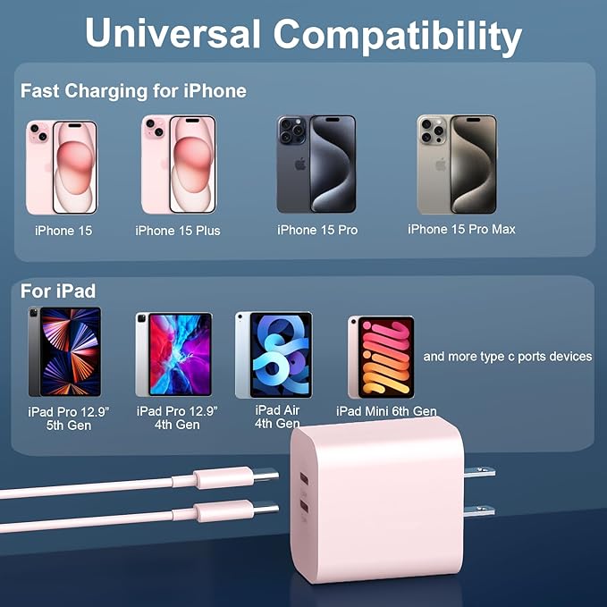 Fast Charger Block, 20W Dual Port USB C Fast Charger Block with 6FT Long USB C to C Charging Cable Cord for Phone 17 16 15 Pro Max/17 16 15 Pro/17 16 15/16 15 Plus-Pink