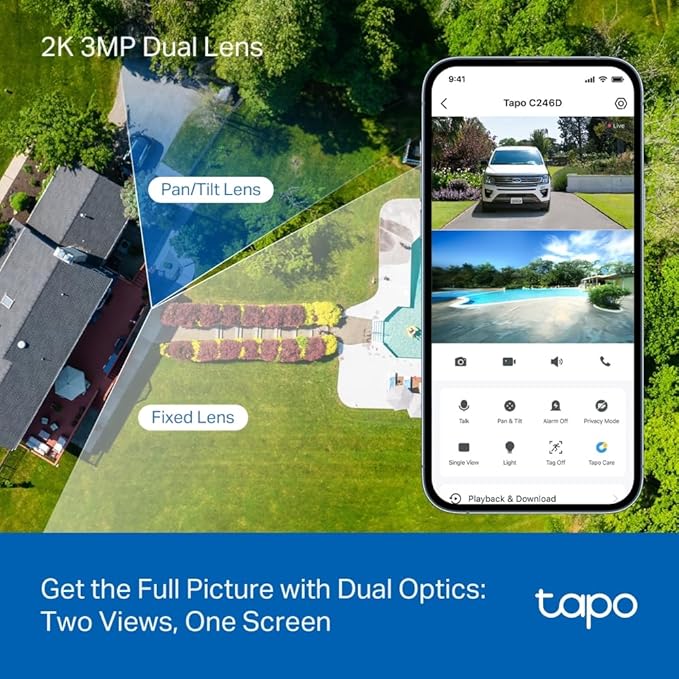 Tapo 2K 3MP Indoor/Outdoor Dual Lens Pan/Tilt Security Camera – 125° Wide-Angle + 6mm Telephoto, Free Person/Vehicle Detection, 360° View, SD/Cloud, Works w/Alexa & Google Assistant – HybridCam Duo