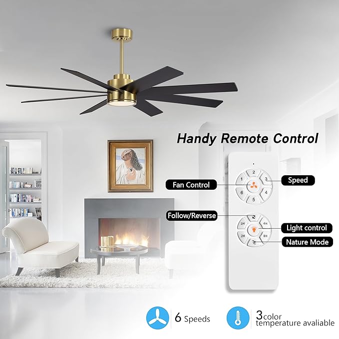 WINGBO 72" Large DC Ceiling Fans with Lights and Remote, 3 Downrods, 8 Plywood Blades, 6-Speeds Reversible DC Motor, 3CCT, Indoor Ceiling Fan for Bedroom Living Room Patio, Brass and Black