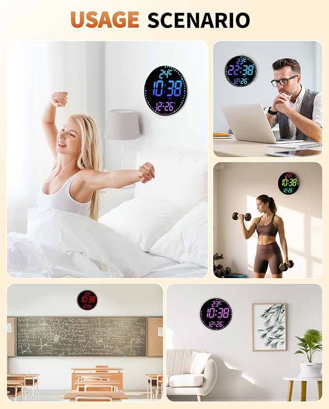 GLOKUUCA 12" Large Digital Wall Mount Clock, Count Down Timer, Alarm, Big LED, 12 RGB Color, Temperature for Living Room Classroom Desk, Xmas, Birthday Gift for Senior Mom Dad (Round)