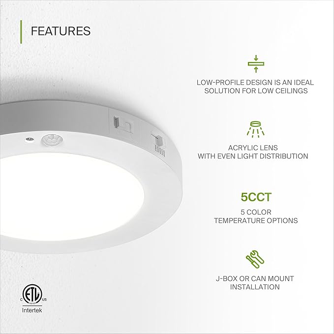 ASD LED 7" Round Flush Mount Ceiling Light Fixture, Low Profile Surface Lighting | 5CCT, Motion Sensored, Ultra-Thin, ETL Listed | 15W 900LM 2700-6000K 120V | Kitchen, Bedroom, Hallway Lamp | White