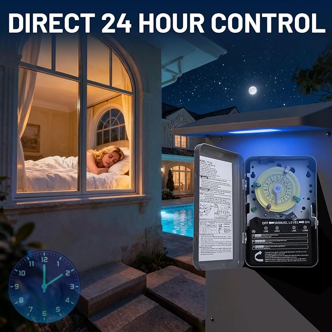 T104 Mechanical Time Switch, 208-277V AC 40A DPST, 24-Hour Dial with 12 ON/Off Trips, Heavy-Duty Timer Switch for Pool Pumps Water Heater Lighting and HVAC, with 4 Timer Trippers