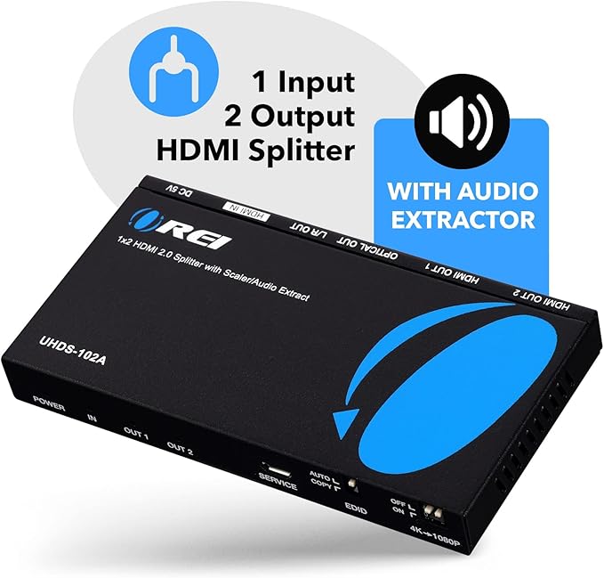 OREI 1x2 2.0 HDMI Splitter with Scaler Audio Extractor 2 Ports with Full Ultra HDCP 2.4K at 60Hz & 3D Supports EDID Control - UHDS-102A