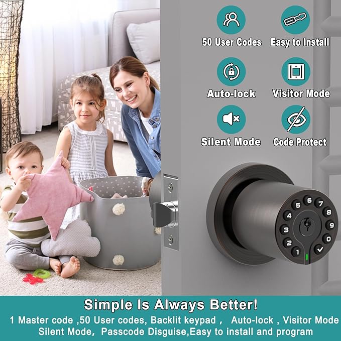 BOTHSTAR Keypad Door Knob with Key, Keyless Code Entry Lock, Auto Lock, 50 User Code, Easy to Install, for Home,Office, Hotel, Bedroom, Garage, Not Deadbolt(Oil Rubbed Bronze)