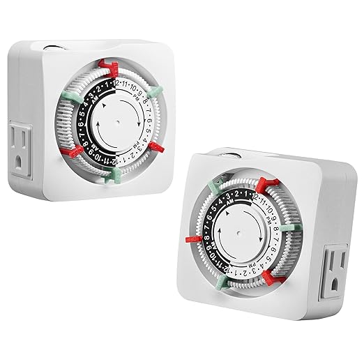SURAIELEC Mechanical Timer with 2 Grounded Outlets, Indoor Electrical Plug in Timer with Trippers, 24-Hour Programmable and 3 Prong for Christmas Decorations, Plant Lights, Fan, 15A, White, 2 Pack